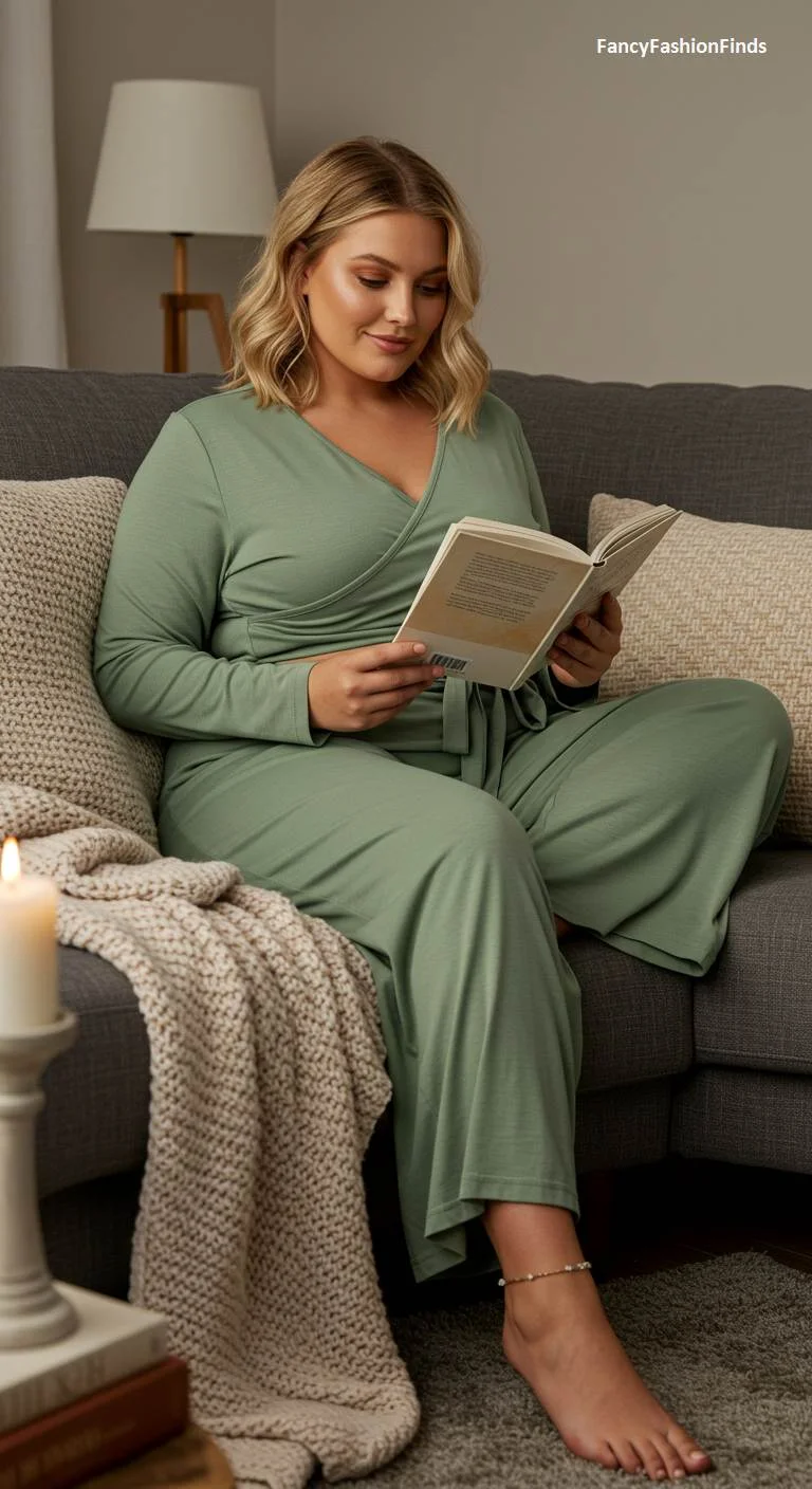 Woman reading on a couch in a green lounge jumpsuit