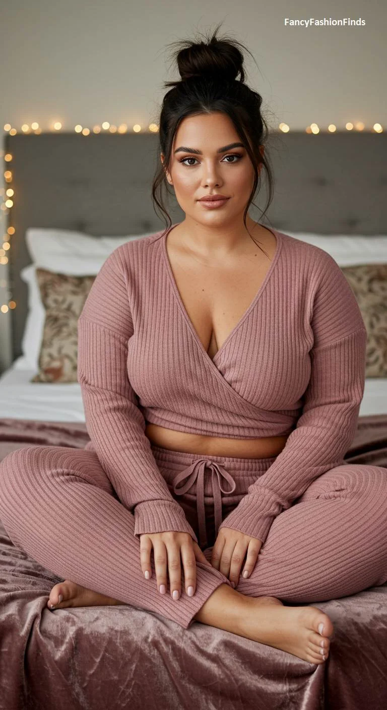 Woman sitting on a bed in a dusty rose ribbed lounge set