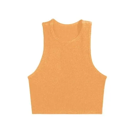 Women's Ribbed Knit Sleeveless Round Neck Slim Fitted Crop Tank Top