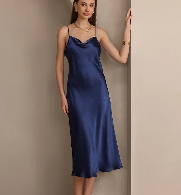 Women's Silk Cowl Neck Midi Slip Dress