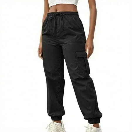 Women's Stretch High-Waisted Parachute Cargo Pants with Drawstring Ankle Cuff