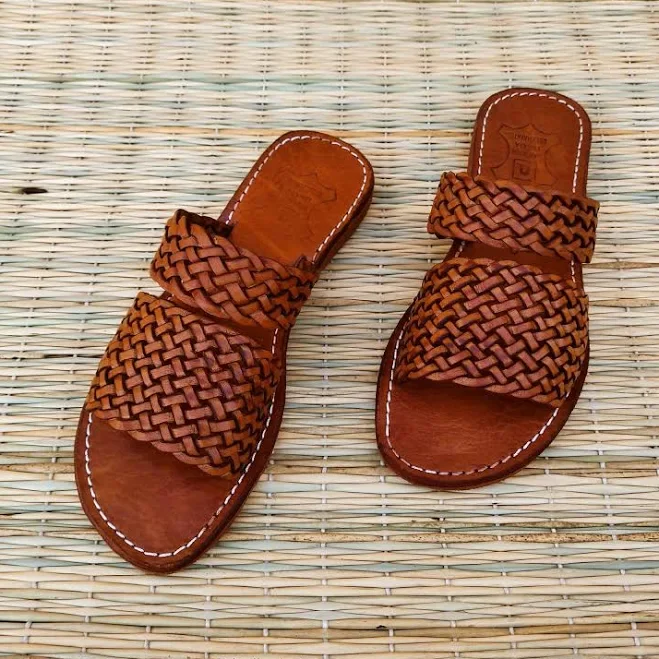 Women's Two Strap Braided Woven Leather Slides