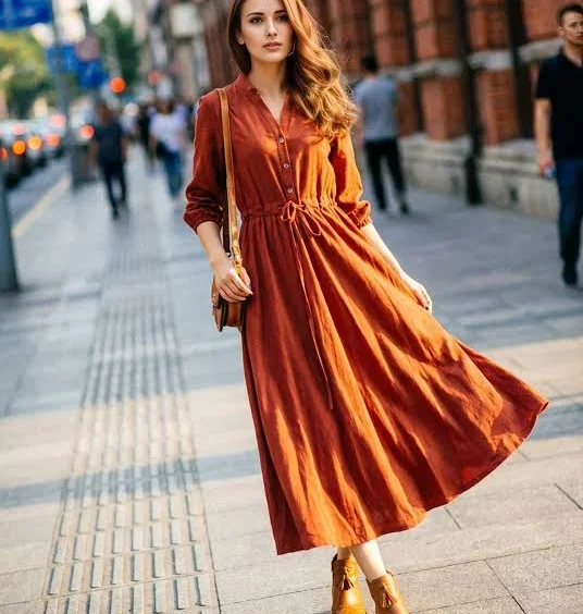 xiaolizi Rust Linen Maxi Shirt Dress with Drawstring Waist and Buttons