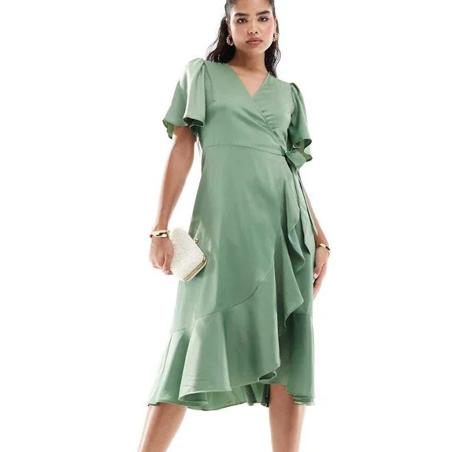 Yas Satin Wrap Midi Dress
