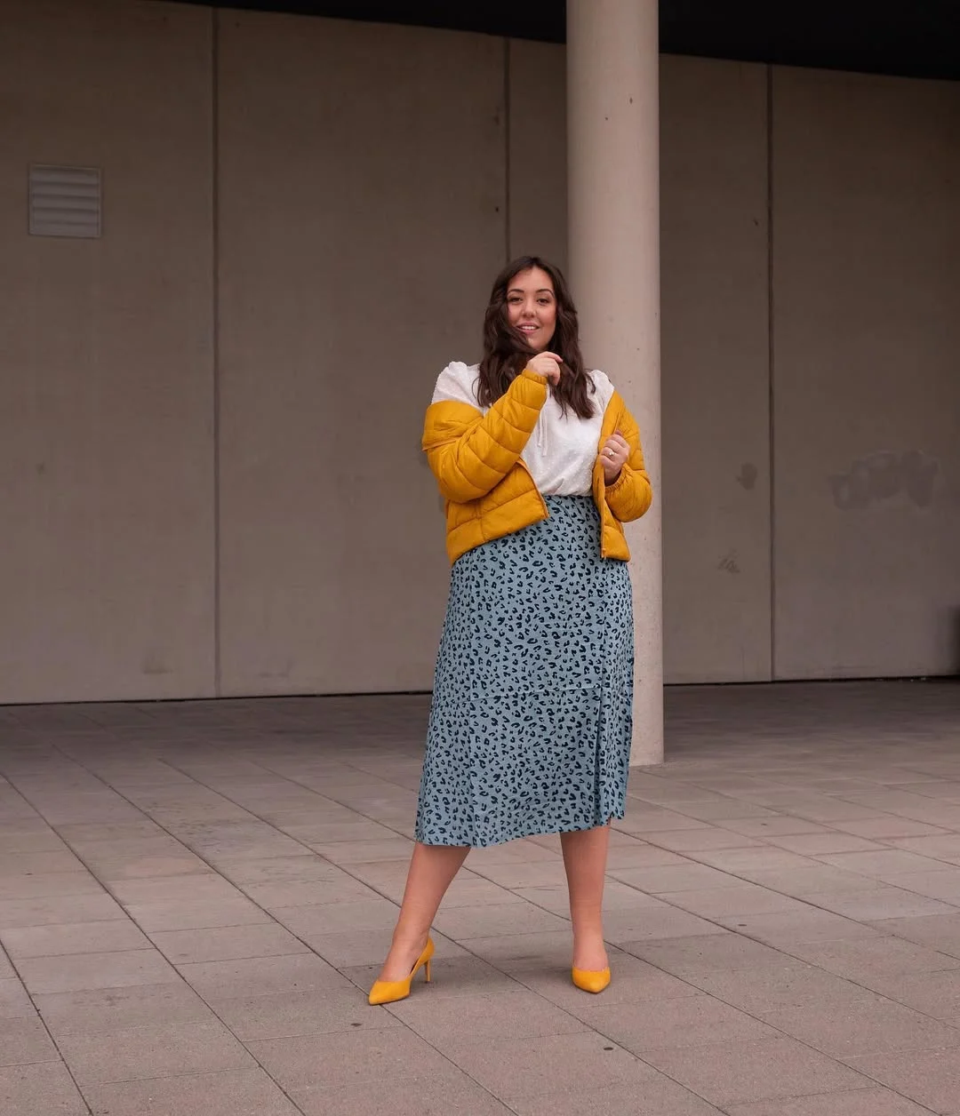 Yellow Puffer And Leopard Midi Skirt Combo