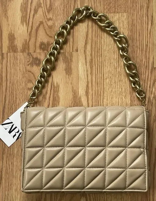 ZARA BEIGE QUILTED VEGAN LEATHER SHOULDER BAG WITH CHUNKY GOLDTONE CHAIN
