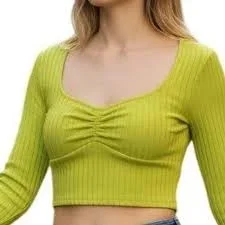 ZARA Ribbed Crop Top Medium Neon Green Long Sleeve Y2K Festival Trendy Clubwear